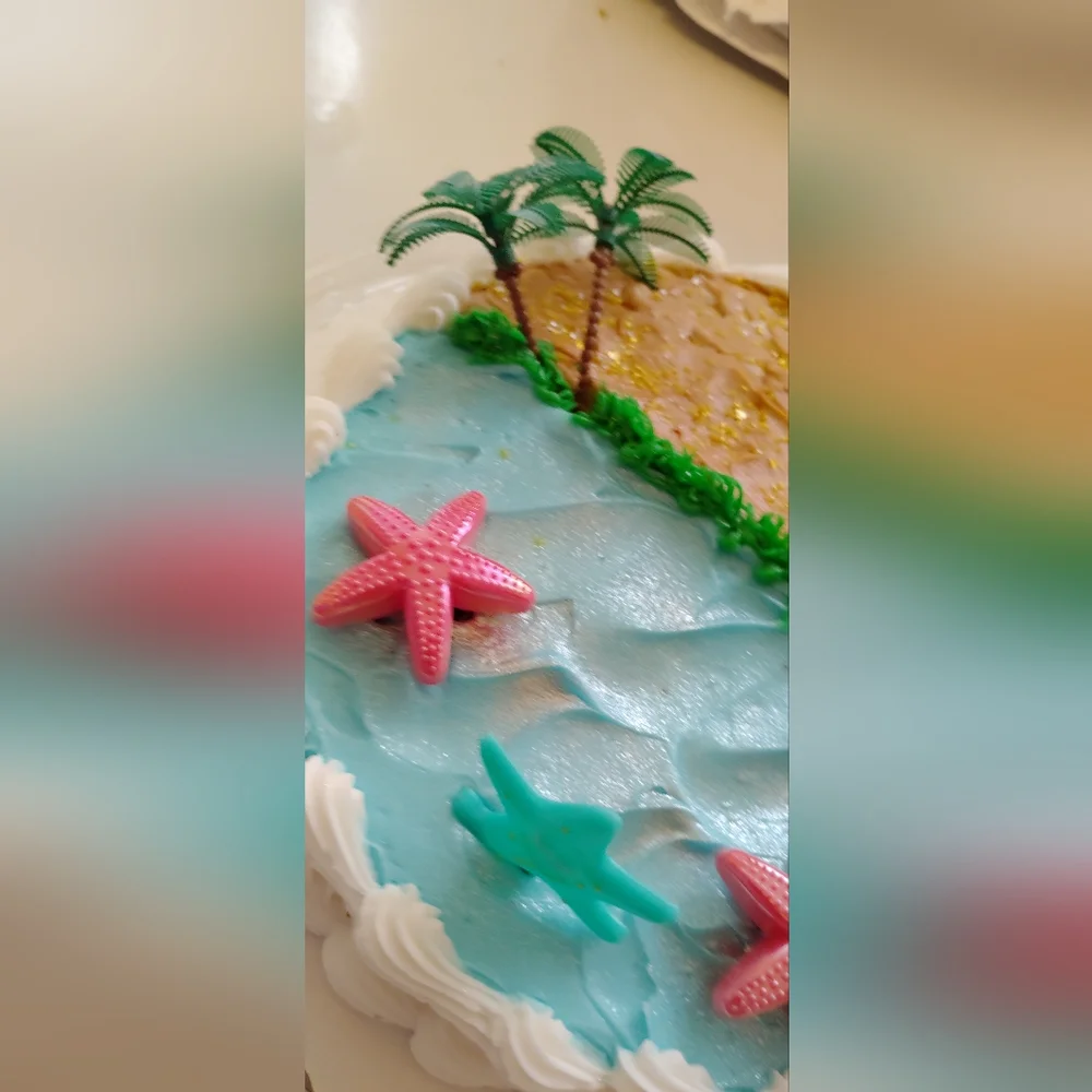 🆕Beach Theme Cake Topper Set with🩷Pink Starfishs &🌴Palm Trees, plus Carrier.